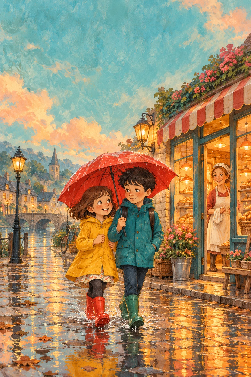 Mia and Ben sharing a red umbrella
